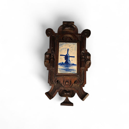 1880's Ornate Oak Wall Hanging, Hand-Painted Dutch Windmill on a Wooden tile,