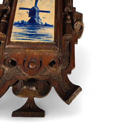 1880's Ornate Oak Wall Hanging, Hand-Painted Dutch Windmill on a Wooden tile,