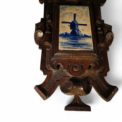 1880's Ornate Oak Wall Hanging, Hand-Painted Dutch Windmill on a Wooden tile,