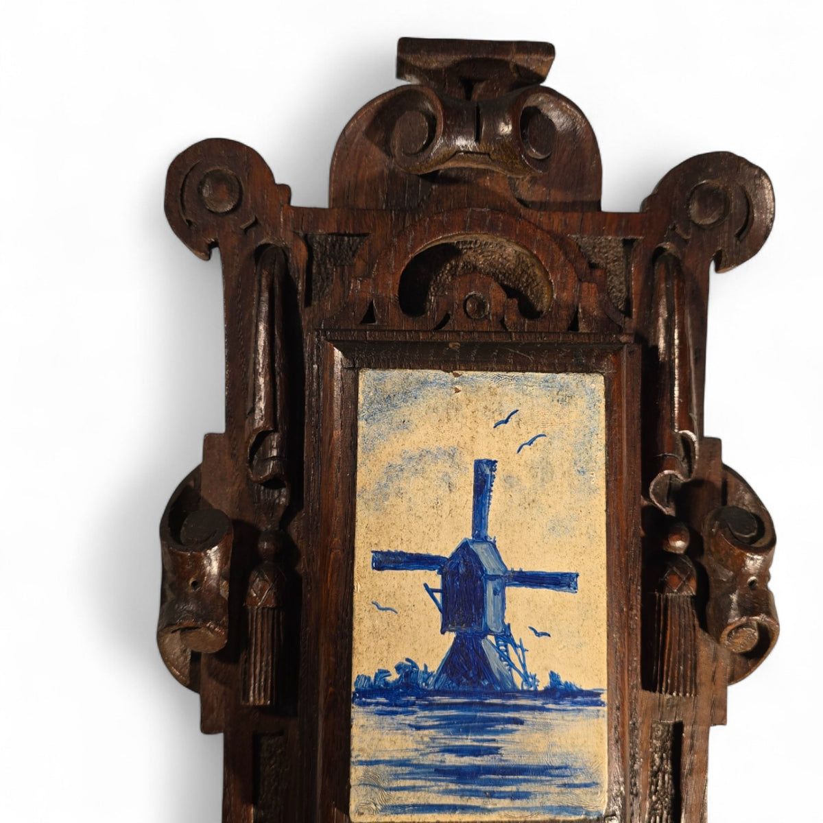 1880's Ornate Oak Wall Hanging, Hand-Painted Dutch Windmill on a Wooden tile,