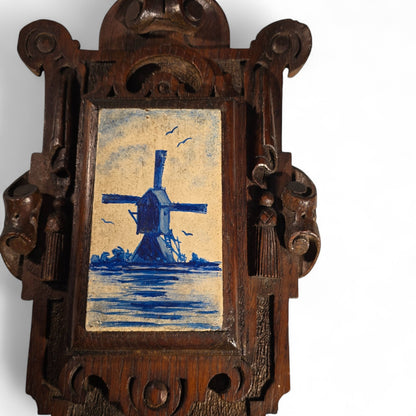 1880's Ornate Oak Wall Hanging, Hand-Painted Dutch Windmill on a Wooden tile,
