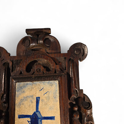 1880's Ornate Oak Wall Hanging, Hand-Painted Dutch Windmill on a Wooden tile,