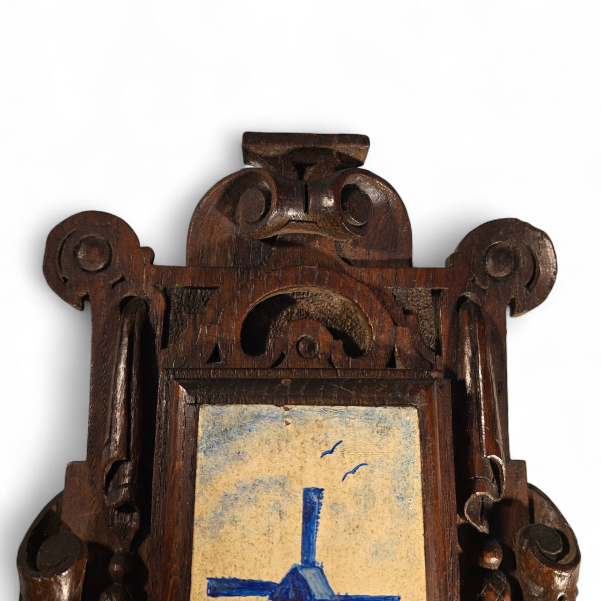 1880's Ornate Oak Wall Hanging, Hand-Painted Dutch Windmill on a Wooden tile,