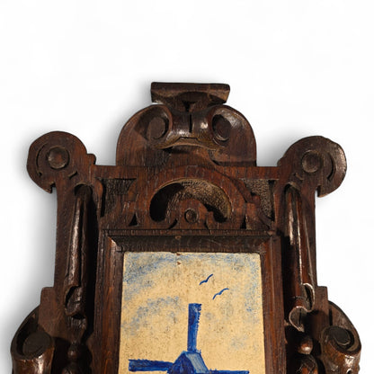1880's Ornate Oak Wall Hanging, Hand-Painted Dutch Windmill on a Wooden tile,