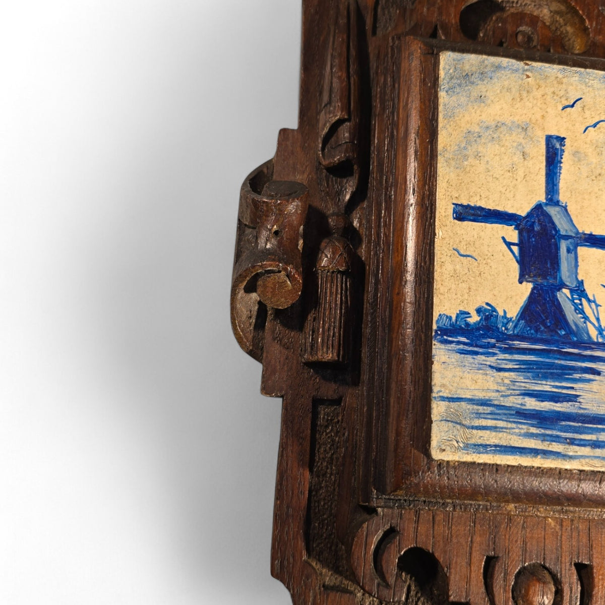 1880's Ornate Oak Wall Hanging, Hand-Painted Dutch Windmill on a Wooden tile,