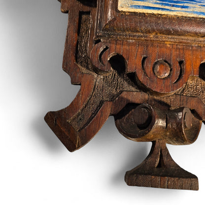 1880's Ornate Oak Wall Hanging, Hand-Painted Dutch Windmill on a Wooden tile,
