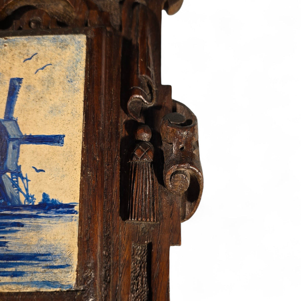 1880's Ornate Oak Wall Hanging, Hand-Painted Dutch Windmill on a Wooden tile,