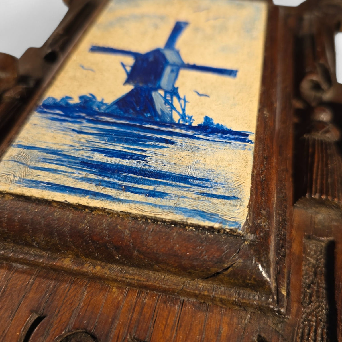 1880's Ornate Oak Wall Hanging, Hand-Painted Dutch Windmill on a Wooden tile,