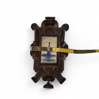 1880's Ornate Oak Wall Hanging, Hand-Painted Dutch Windmill on a Wooden tile,