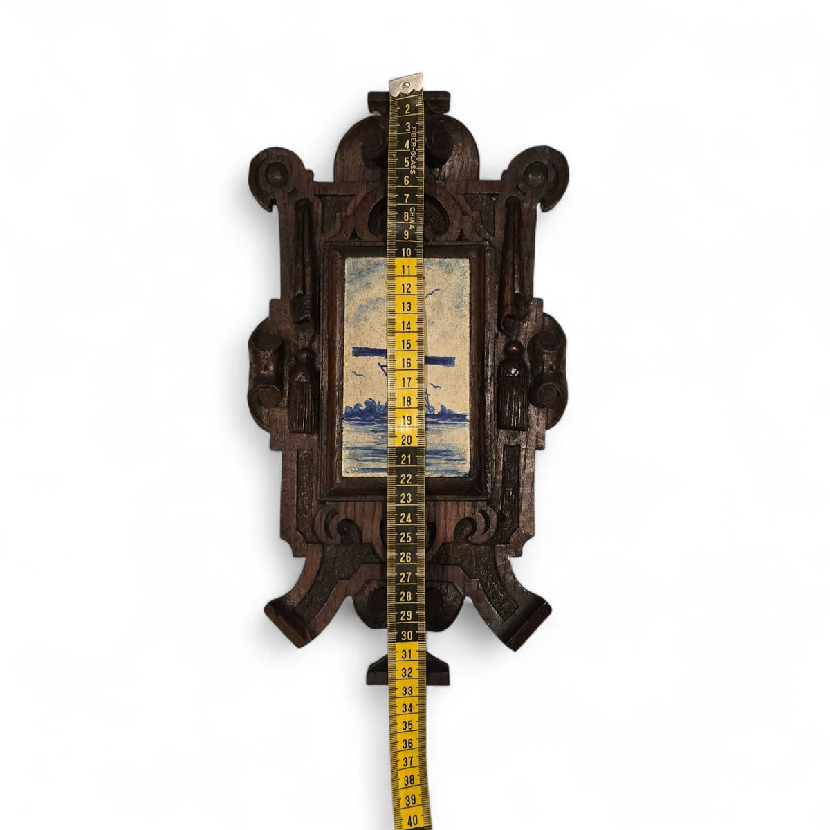 1880's Ornate Oak Wall Hanging, Hand-Painted Dutch Windmill on a Wooden tile,
