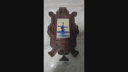 1880's Ornate Oak Wall Hanging, Hand-Painted Dutch Windmill on a Wooden tile,